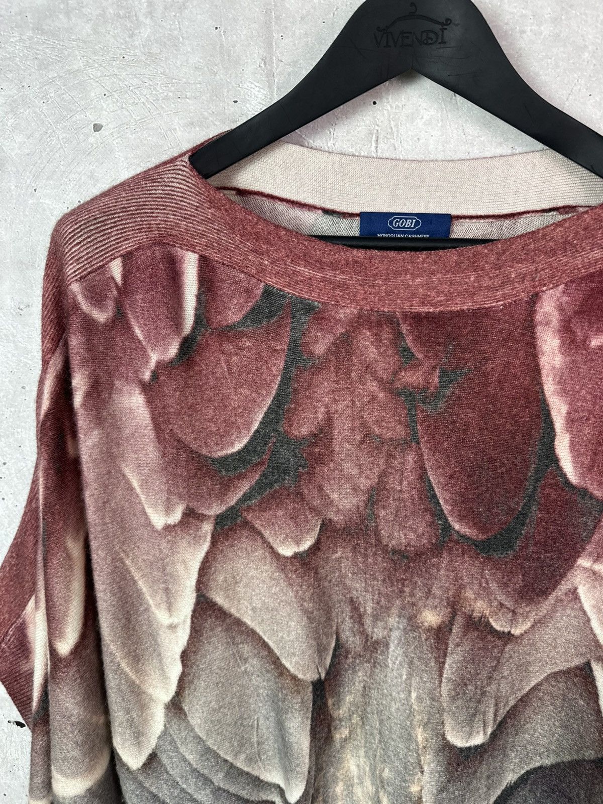 Vintage Gobi Feather Print Mongolian Cashmere Knit Oversized Poncho Size L / US 10 / IT 46 - 4 Thumbnail