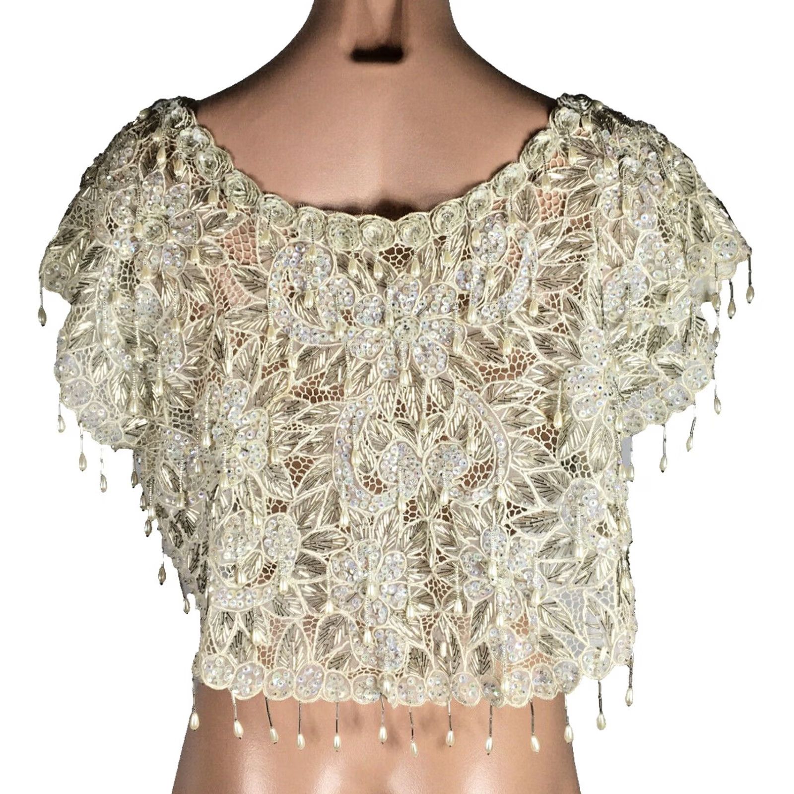 Vintage VINTAGE Shawl Bridal Sequin Glass Pearl Fringe Beaded Wedding Ivory Women Size ONE SIZE - 2 Thumbnail