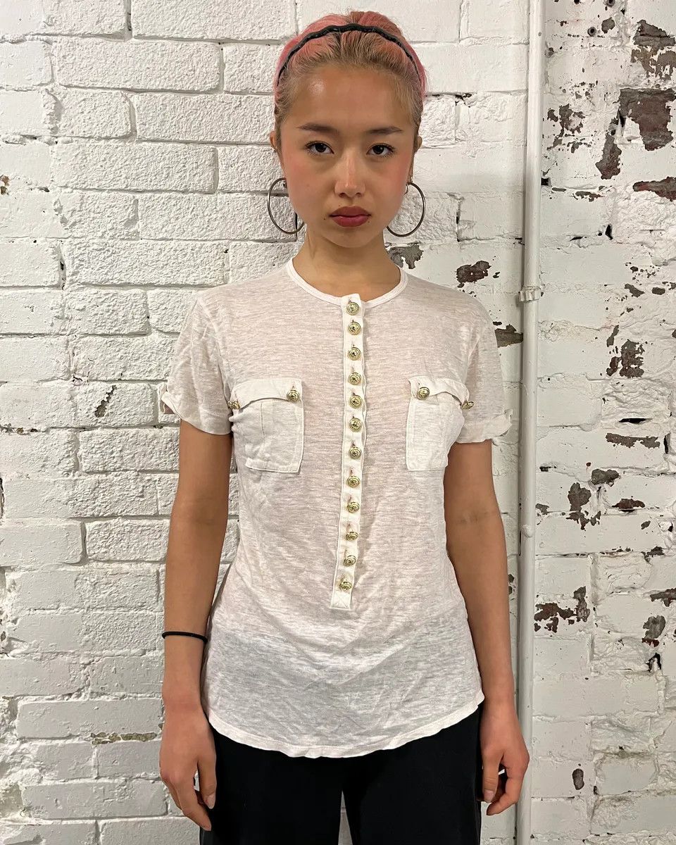 Balmain Balmain White Military Buttoned T-Shirt Size S / US 4 / IT 40 - 2 Thumbnail