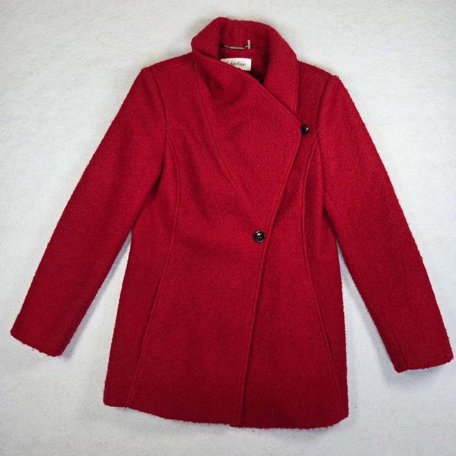 Calvin Klein Calvin Klein Womens Size 10 Red Asymmetric Button Coat Wool Size L / US 10 / IT 46 - 1 Thumbnail