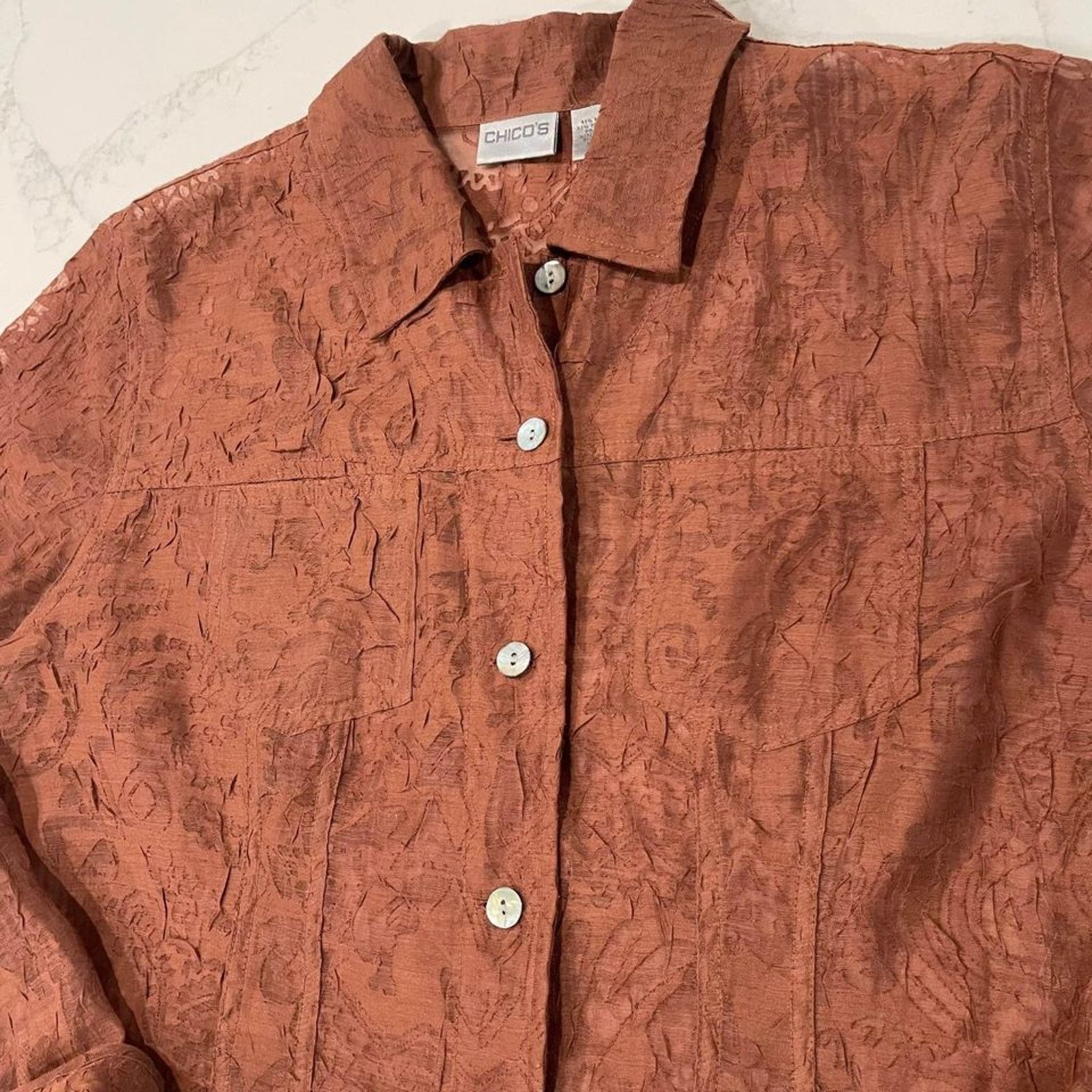 Chicos Chicos Sheer Floral Copper Brown Button Up Blouse Chicos 2 Size L / US 10 / IT 46 - 2 Thumbnail