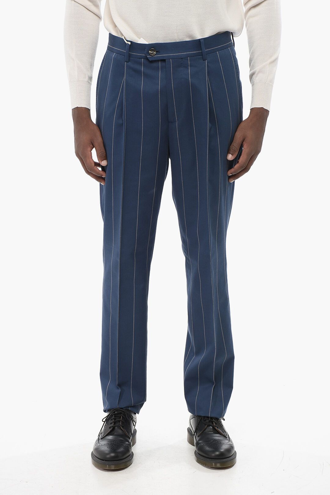 Brunello Cucinelli og1mm0825 Single-Pleated Pinstriped Wool Blend Pant in Blue Size US 30 / EU 46 - 5 Thumbnail
