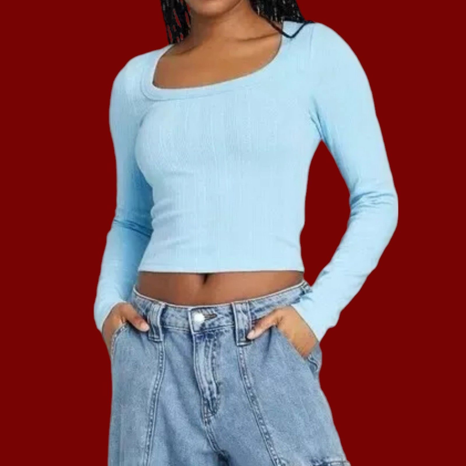 Other Wild Fable - Women's Long Sleeve Square Neck Pointelle T-Shi Size L / US 10 / IT 46 - 1 Thumbnail