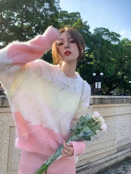 image of Vintage Zoki Hollow Out Rainbow Women Striped Sweaters in Pink