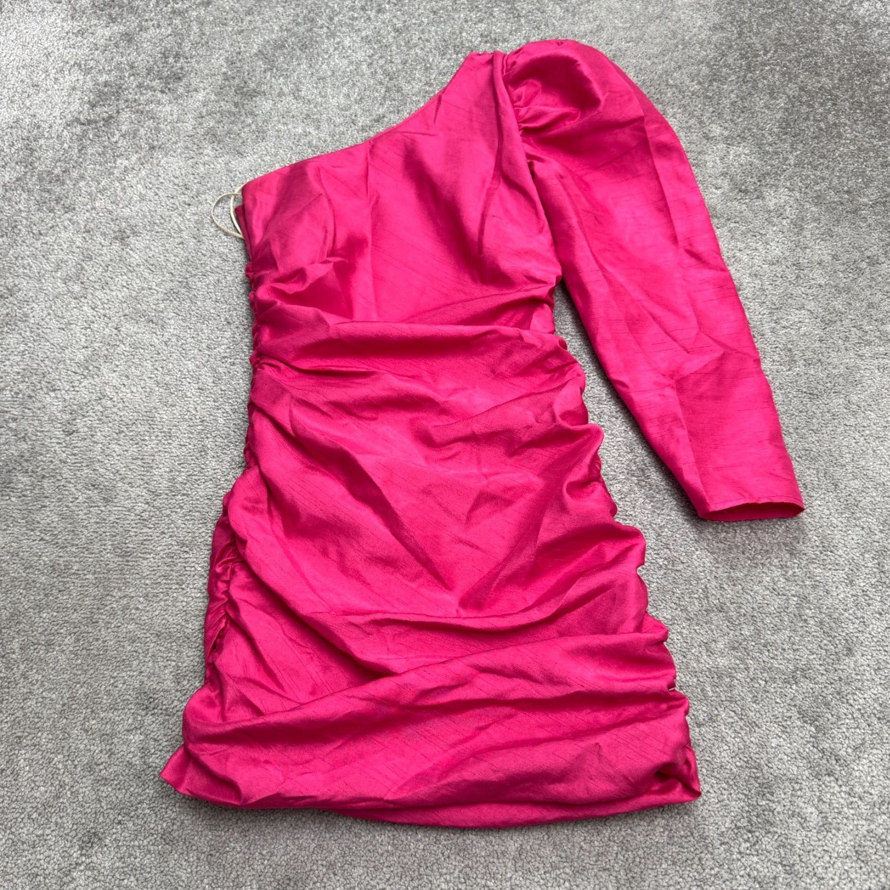 Vintage Wilfred Aritzia Dress 2 Pink One Shoulder Ruched Bodycon Mini Puff Sleeve Womens Size XS / US 0-2 / IT 36-38 - 2 Thumbnail