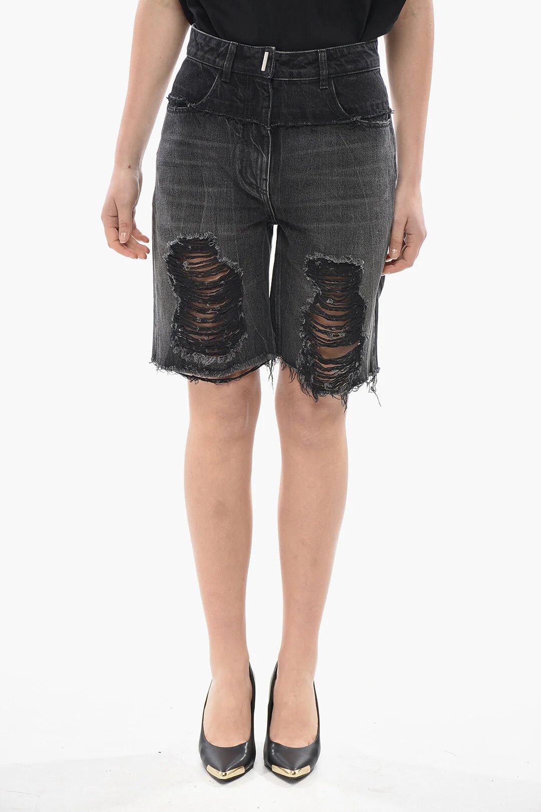 Givenchy og1mm0326 Distressed Denim Short in Black Size 40" / US 18 - 1 Thumbnail