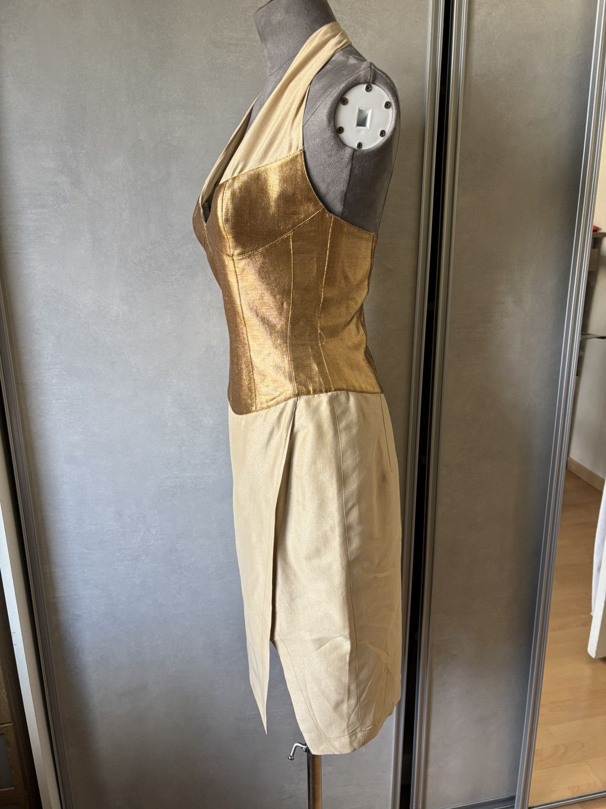 Thierry Mugler Vintage Thierry Mugler Couture Gold and Beige Halter Dress Size S / US 4 / IT 40 - 4 Thumbnail