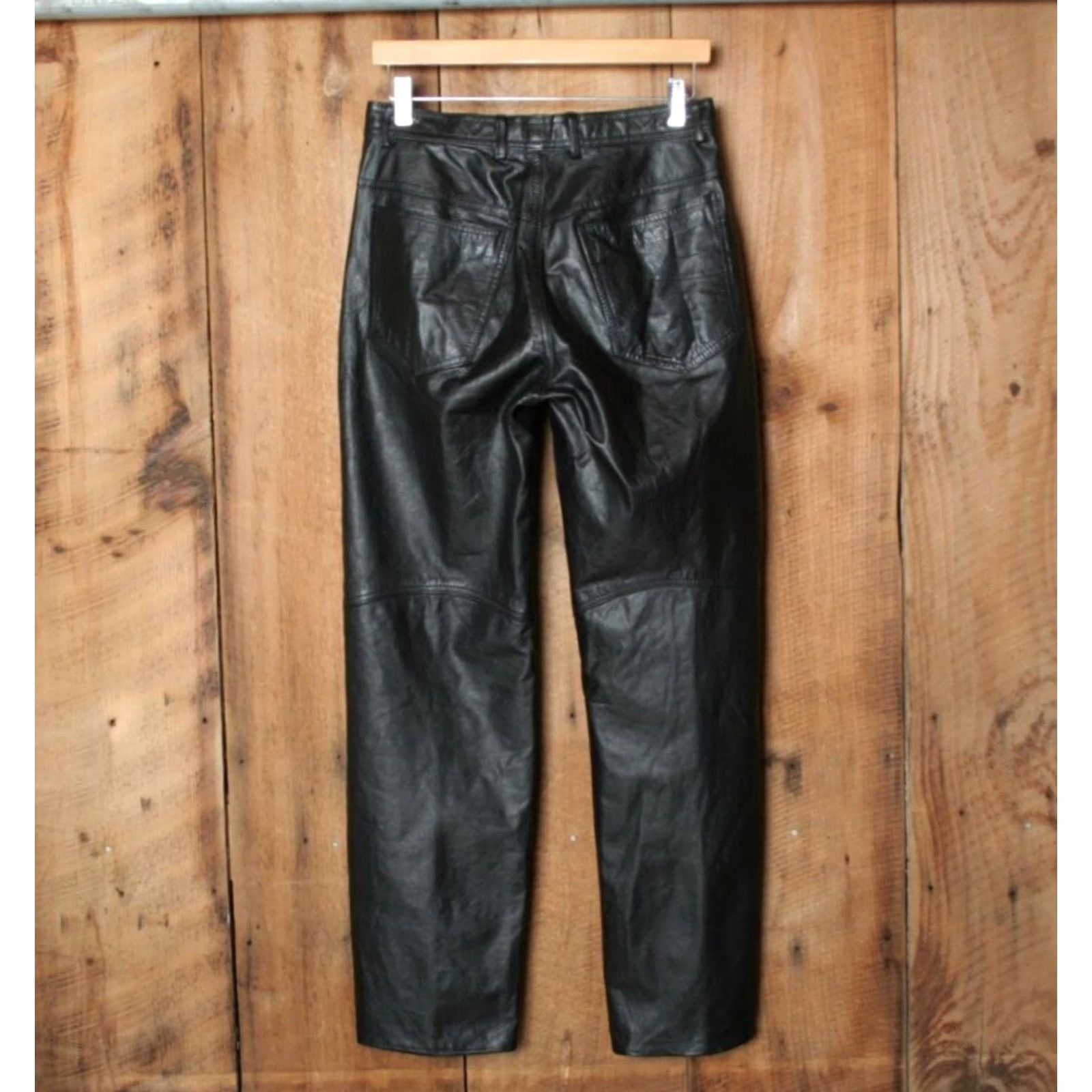 Ben Sherman VINTAGE Bermans Black Leather Tapered Leg Motorcycle Pants Women's 29x29 30 Inseam Leather Biker Pants Womens Size 29" - 3 Thumbnail