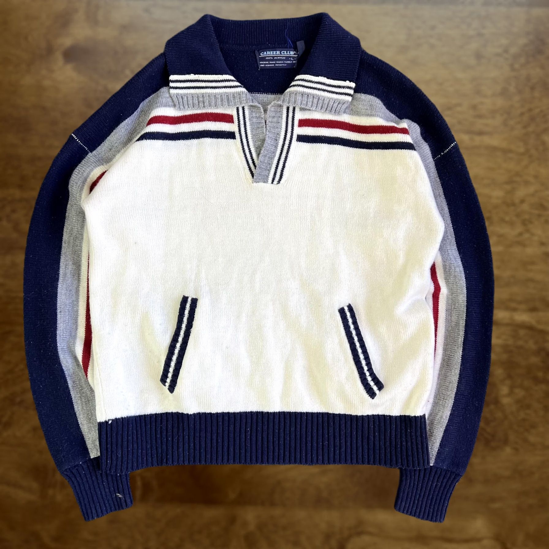 Vintage VINTAGE Career Club Sweater Mens Large White Striped Knit Pockets 80s Collared Pullover Knit Shirt Size US L / EU 52-54 / 3 - 1 Thumbnail