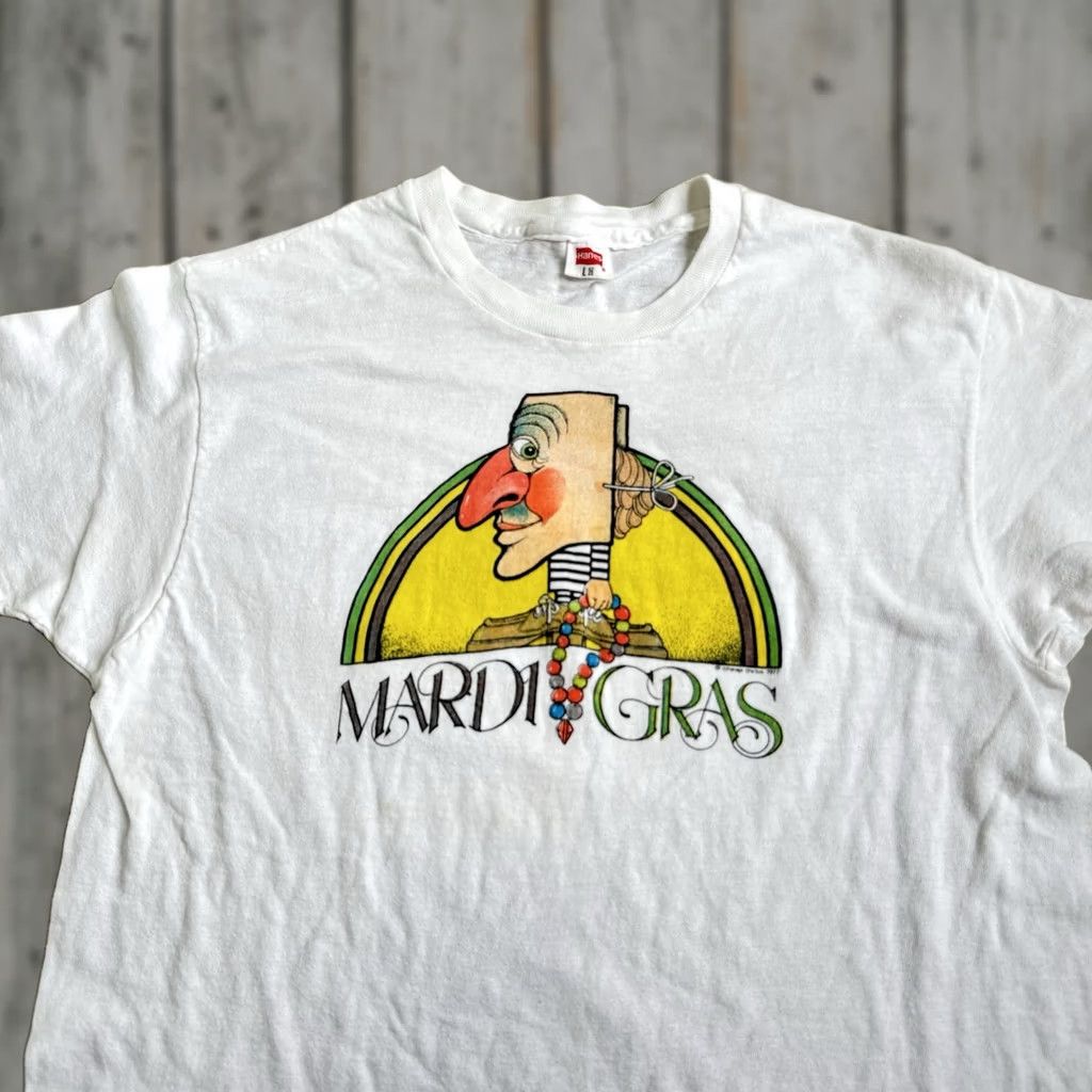 Hanes VINTAGE Hanes Shirt 70s T-Shirt White Short Sleeve Crew Neck Men L United States Mardi Gras New Orleans True Vintage 1977 Ladies? Size US L / EU 52-54 / 3 - 1 Thumbnail