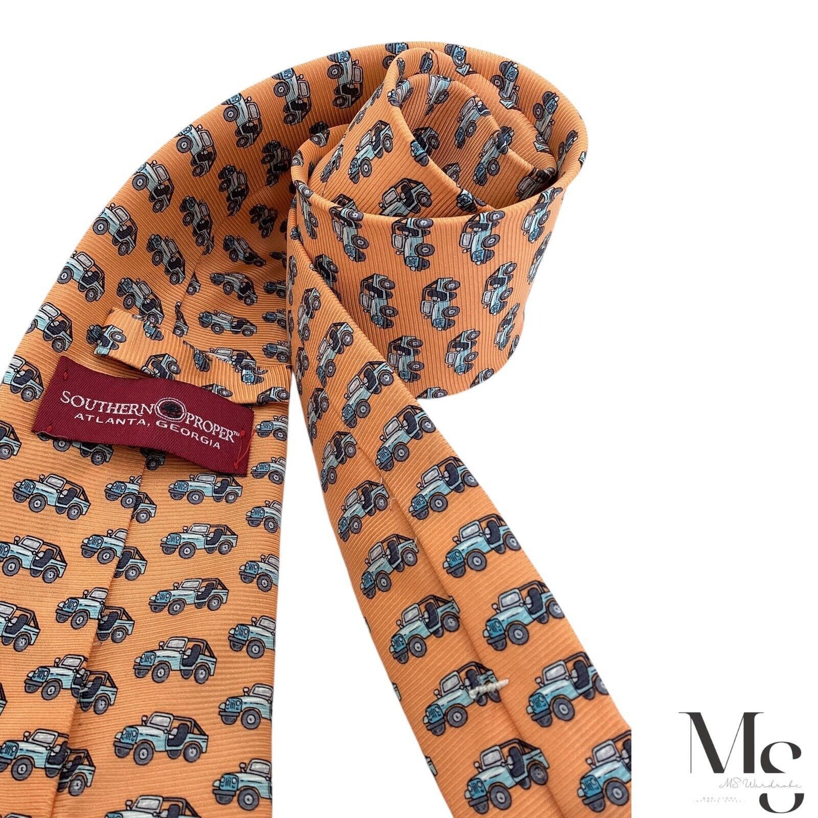 Southern Proper SOUTHERN PROPER Salmon Cars Print Silk Tie Made In USA W: 3. Size ONE SIZE - 4 Thumbnail