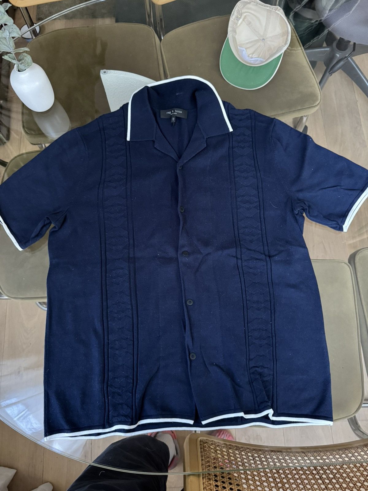 Rag & Bone Rag and Bone Navy and White Knit Short Sleeve Button Down Size US L / EU 52-54 / 3 - 1 Thumbnail