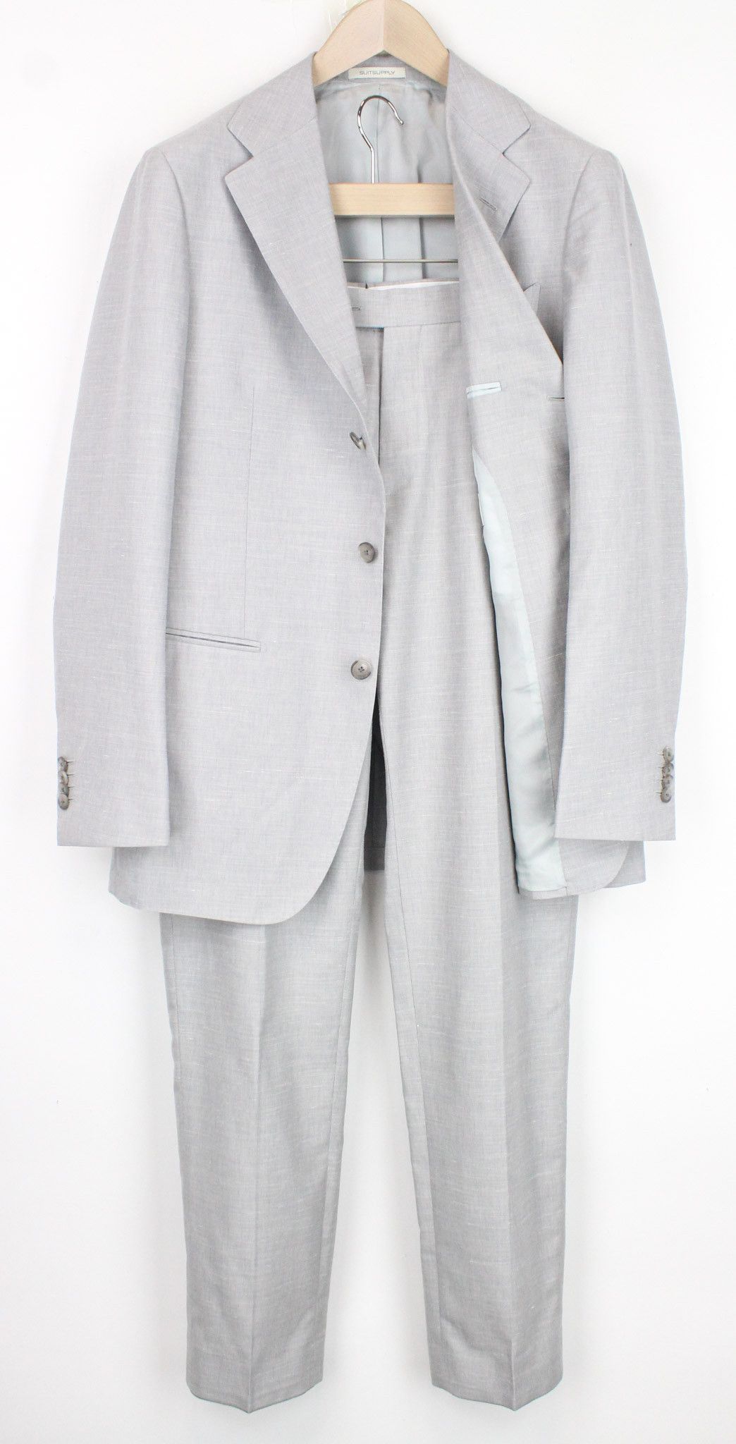 image of Suitsupply Havana Jetted Uk40R Grey Slim Wool Silk Linen Suit 68543, Men's