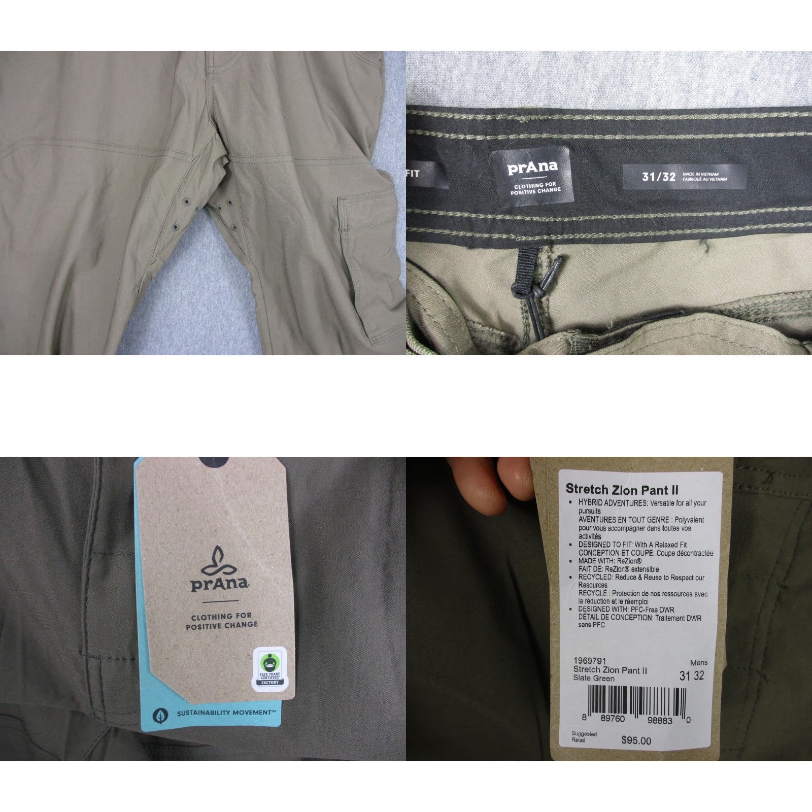 Prana prAna Stretch Zion Pant II Mens 31x32 Green ReZion Hiking Nylon Cargo Pants Size US 31 - 9 Thumbnail