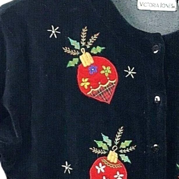 VINTAGE Victoria Jones Christmas Cardigan Sweater Black Velour Applique Holiday Medium