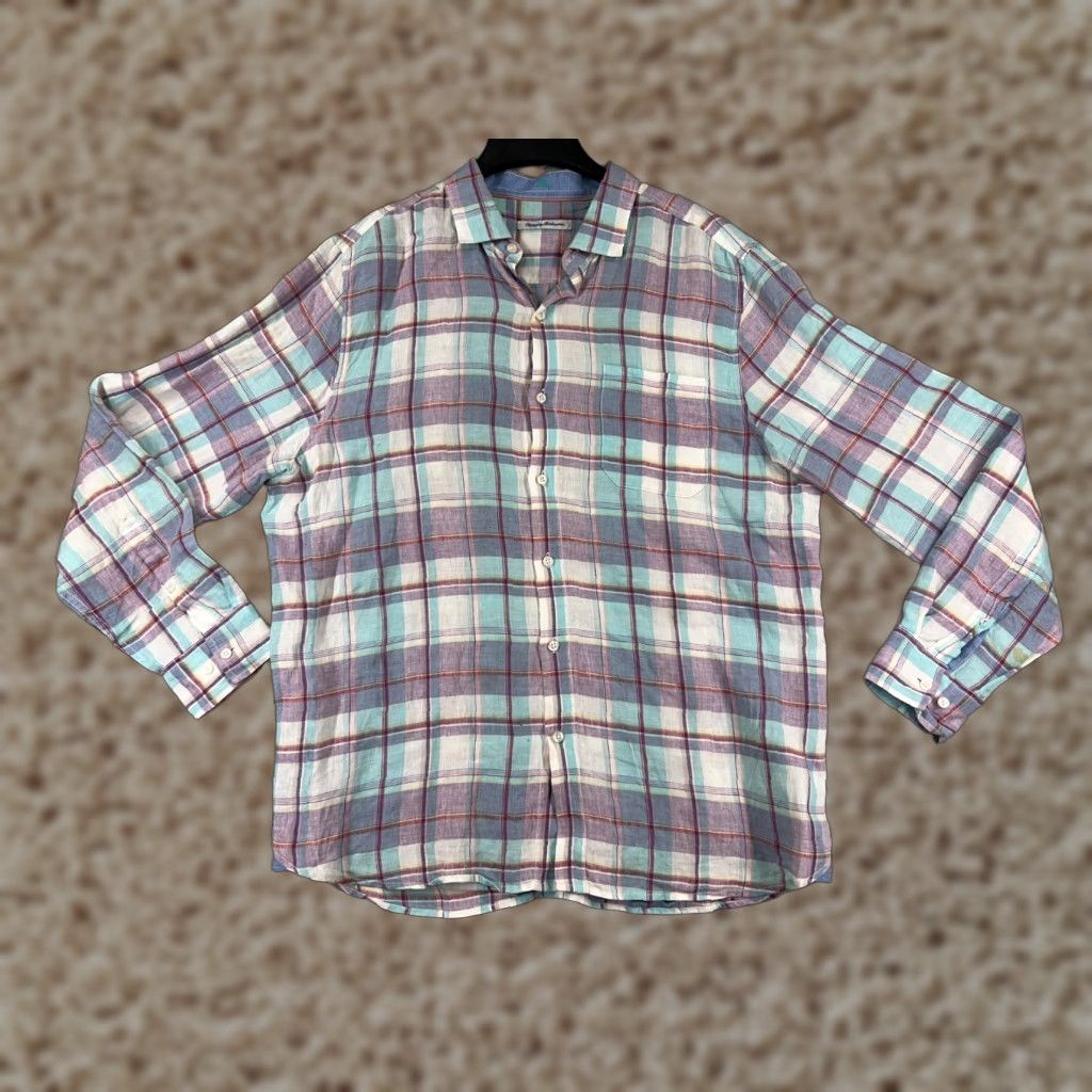 Tommy Bahama Tommy Bahama Shirt Mens Large Teal Red Plaid Pastel 100% Linen Button Up Size US L / EU 52-54 / 3 - 1 Thumbnail