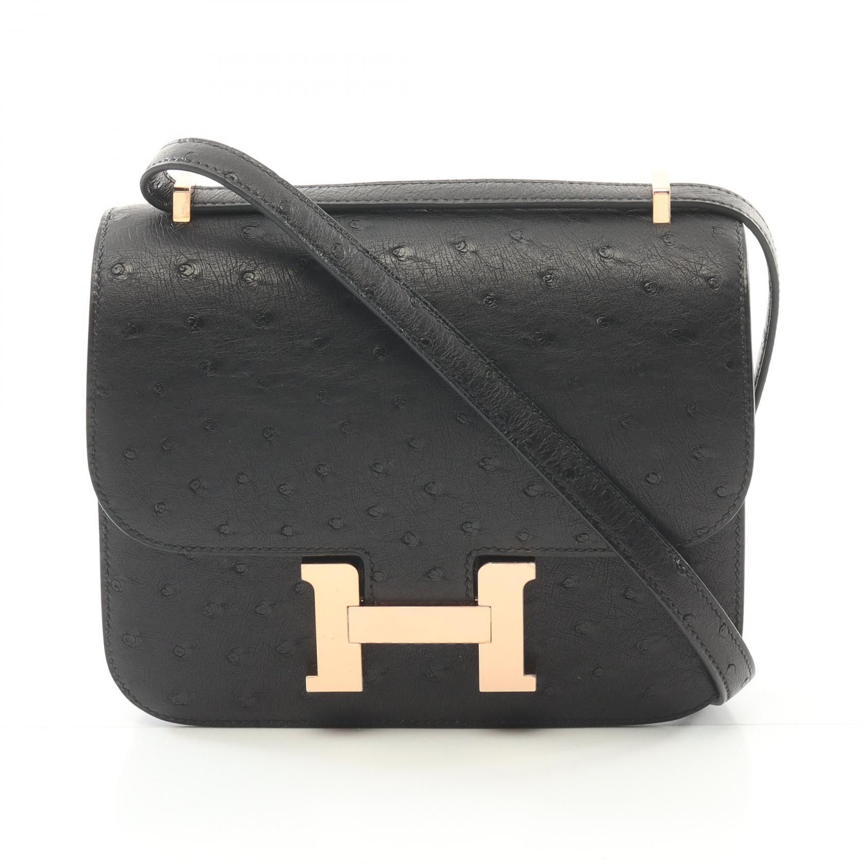 Hermes Hermes Constance3 Mini Ostrich Shoulder Bag Natural Material Shoulder Bag Stamp W (2024) in Black, Women's