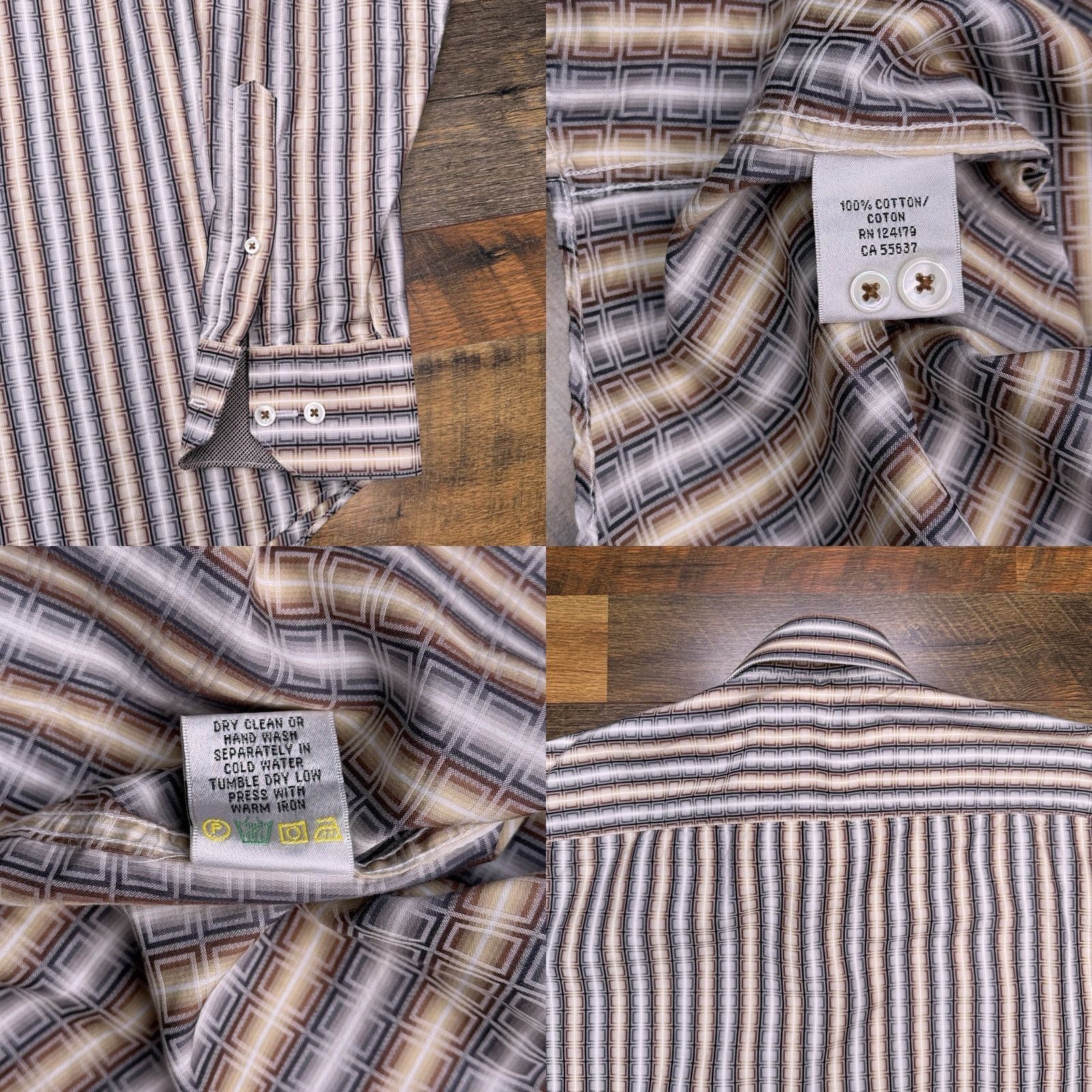 Johnston & Murphy Johnston & Murphy Shirt Mens Large Tan Geometric Button Up Slim Fit Long Sleeve Brown cotton Button-Up Size US L / EU 52-54 / 3 - 8 Thumbnail