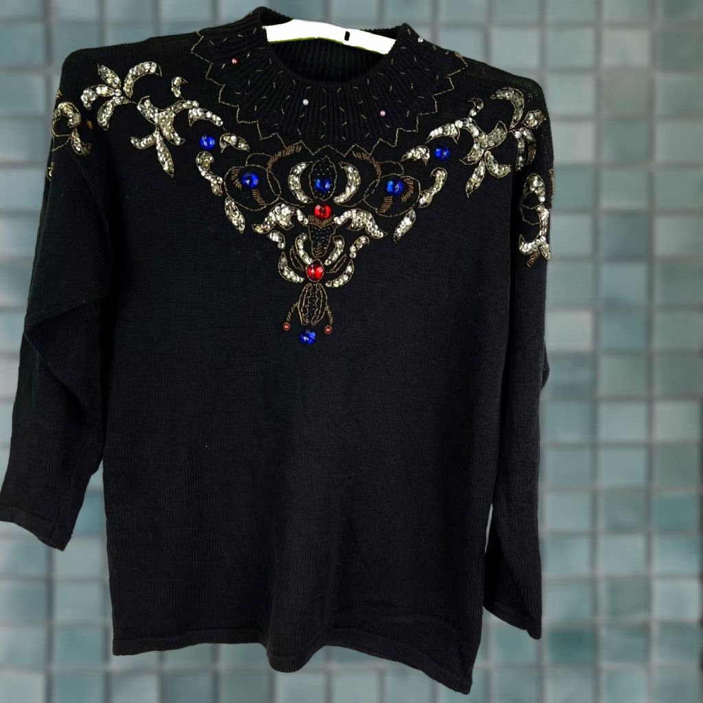 Vintage VINTAGE Bonnie Evans Sweater Shirt Womens L Black Geometric Jewel Sequin Glitter 80s Holiday Pullover Long Sleeve Size L / US 10 / IT 46 - 1 Thumbnail