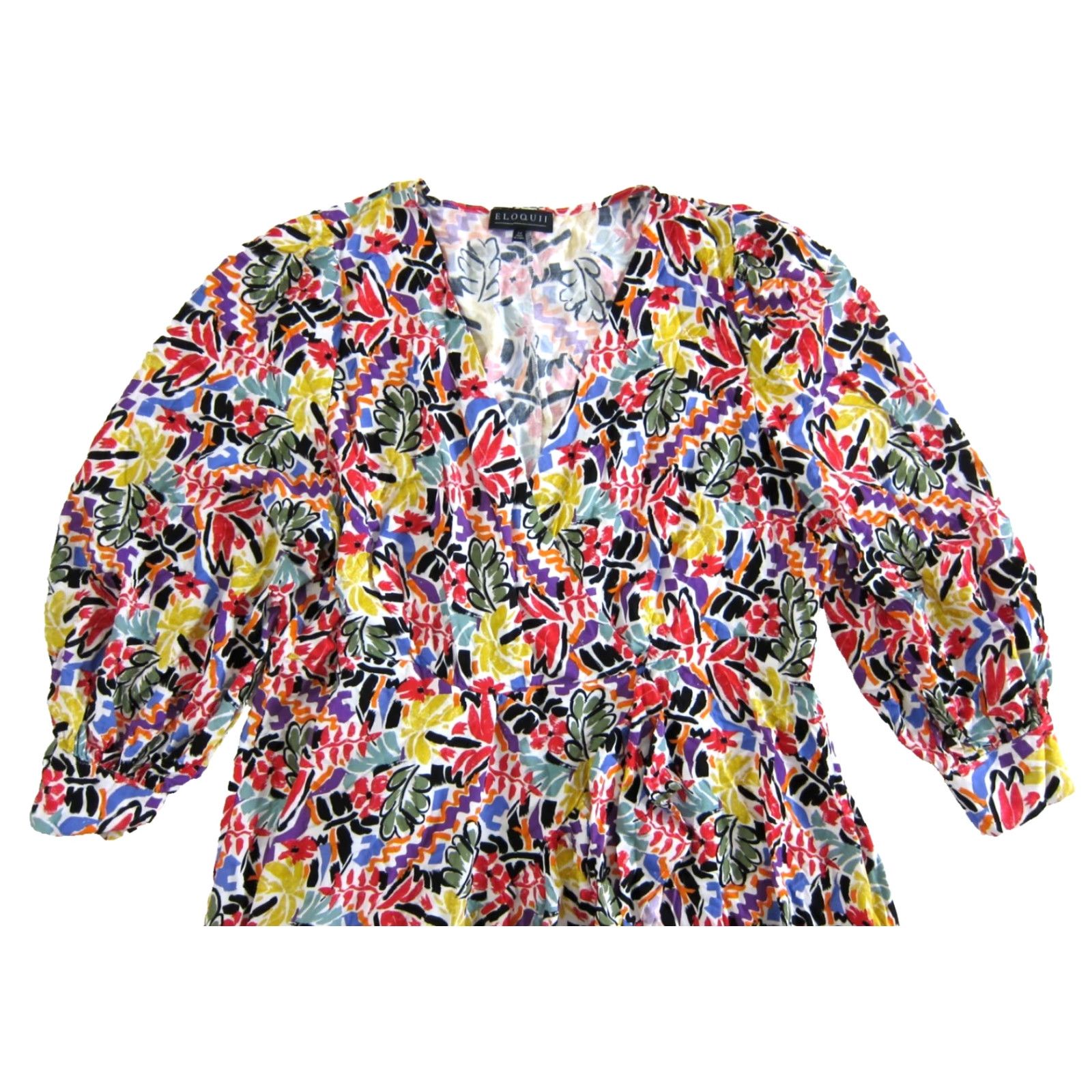 Vintage ELOQUII Dress Long Sleeve Rayon Black Purple Yellow Red Abstract High Low 24 V-Neck Kaftan Bohemian Floral 80s 90s Boho Womens Mens Girls Size 4XL / US 24-26 - 4 Thumbnail