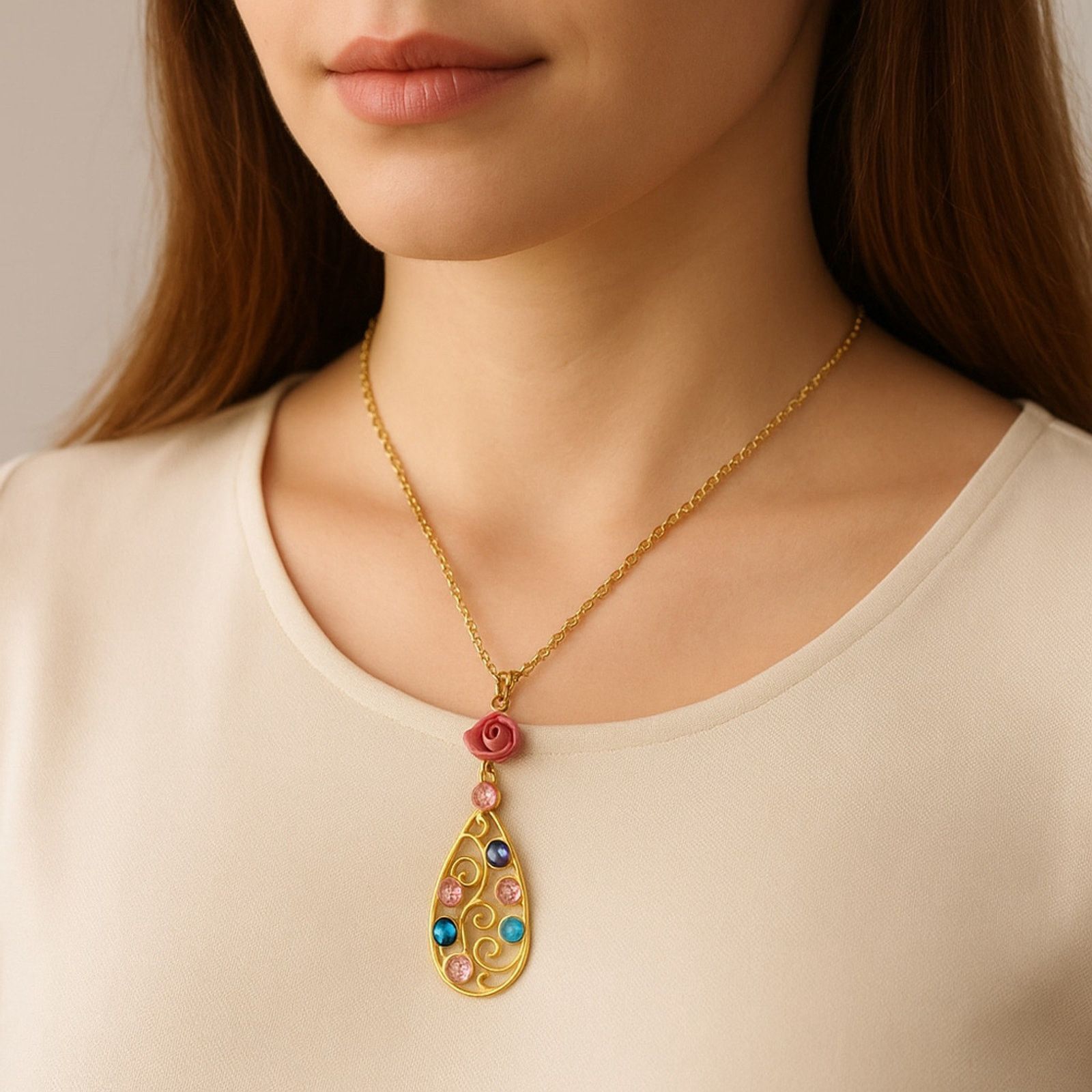 Vintage Gold Floral Teardrop Pendant Necklace Pink Rose Rhinestone Size ONE SIZE - 1 Thumbnail