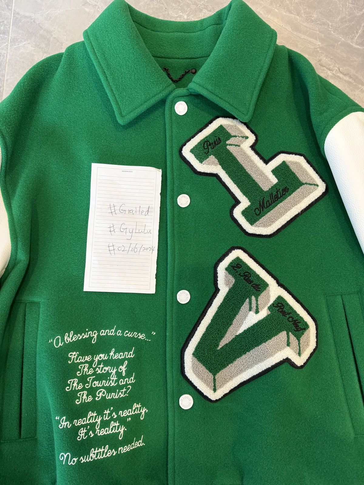 Louis Vuitton Louis Vuitton Green & White Varsity Leather Jacket Size US L / EU 52-54 / 3 - 8 Thumbnail
