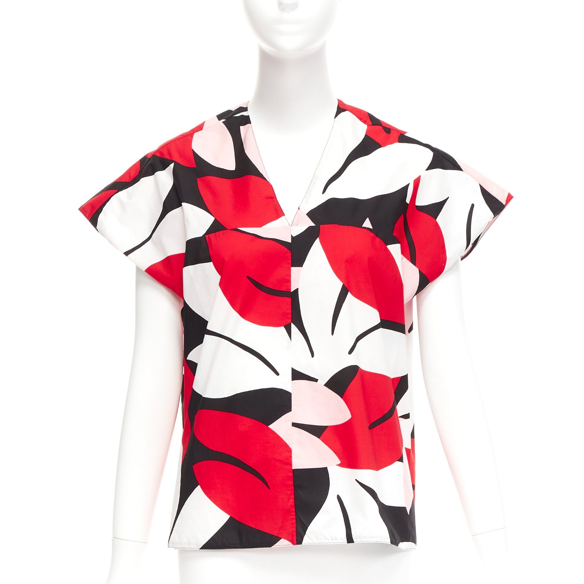 image of Marni Red Black White 100% Cotton Geometric Print Cap Sleeve Boxy Top It38 Xs, Women's