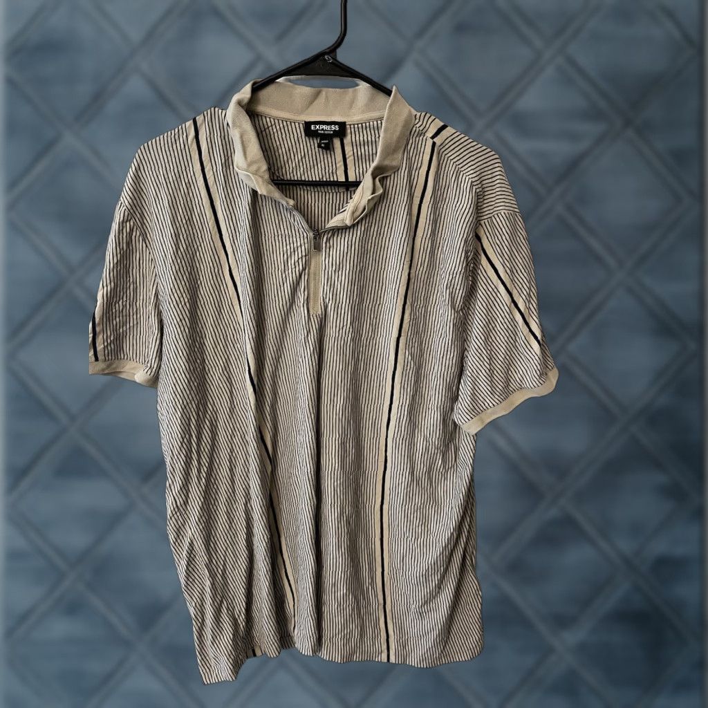 Express Express Polo Shirt Mens XL Brown Striped Pima Short Sleeve 1/4 Zip Beige Cotton 100% Regular Size US XL / EU 56 / 4 - 1 Thumbnail