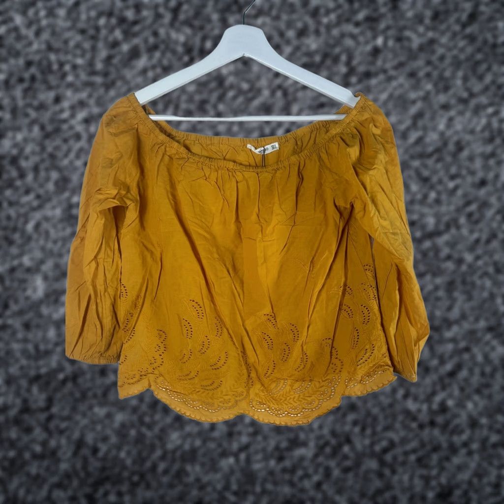 Mango Mango Blouse Eyelet Off-Shoulder Cotton Mustard Yellow 3/4 Sleeve Casual New Womens Medium XS? Size M / US 6-8 / IT 42-44 - 1 Thumbnail