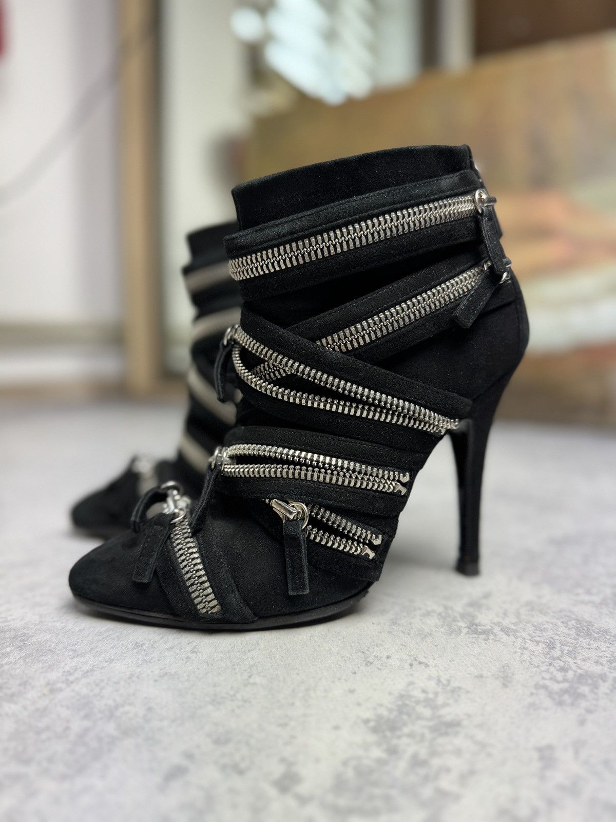 Archival Clothing x Balmain Giuseppe Zanotti Wraparound Leather Y2K Heel Shoes Boots in Black, Women's (Size 8)