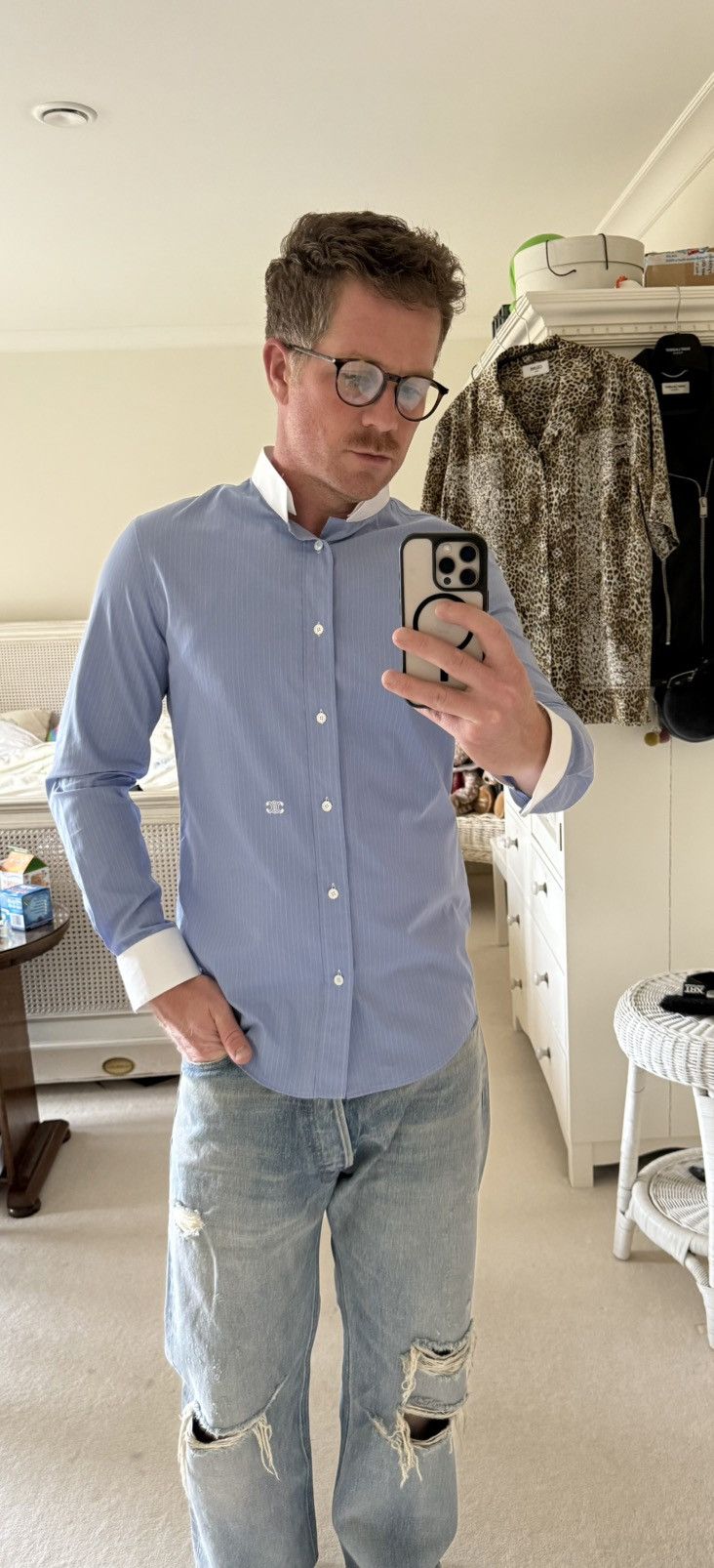 Celine × Hedi Slimane SS24 Celine Triomphe logo blue stripe shirt Hedi sample 39 Size US M / EU 48-50 / 2 - 9 Thumbnail
