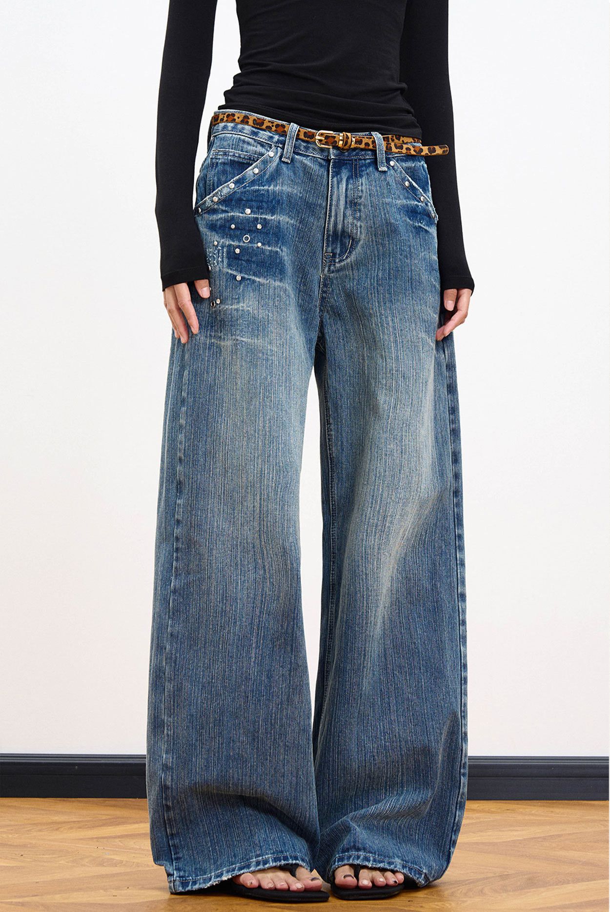 Vintage Men's American retro rivet washed distressed lightning jeans Size US 32 / EU 48 - 3 Thumbnail