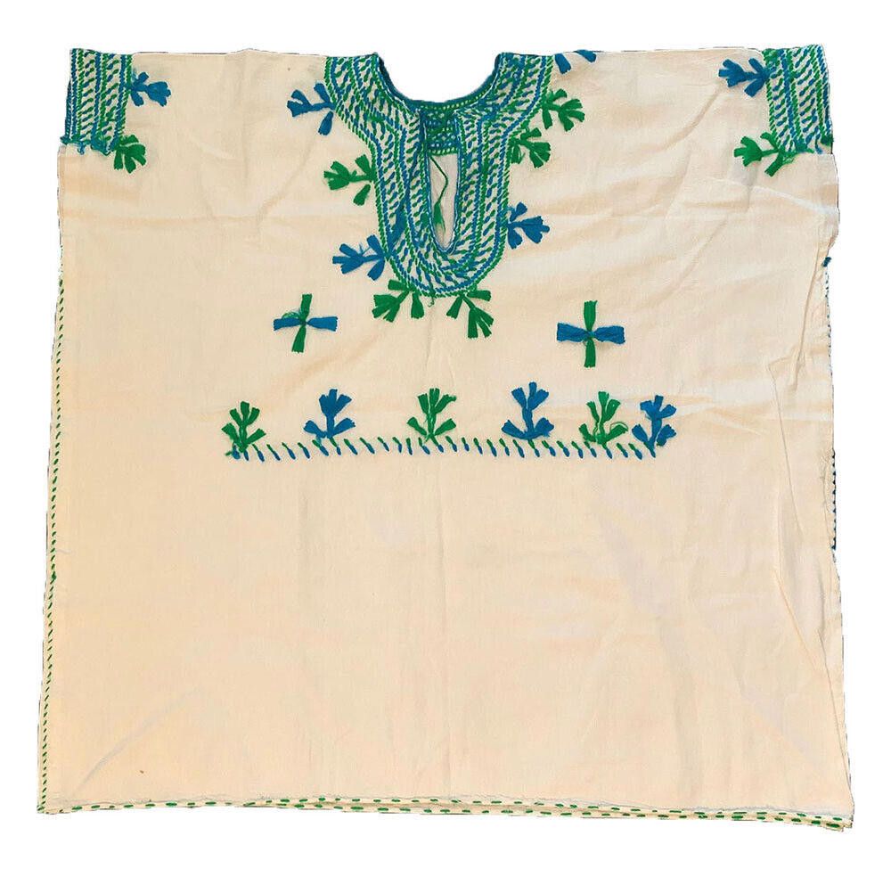 Designer Used White Hand Made Blue Green Embroidered Blouse L Size L / US 10 / IT 46 - 2 Thumbnail
