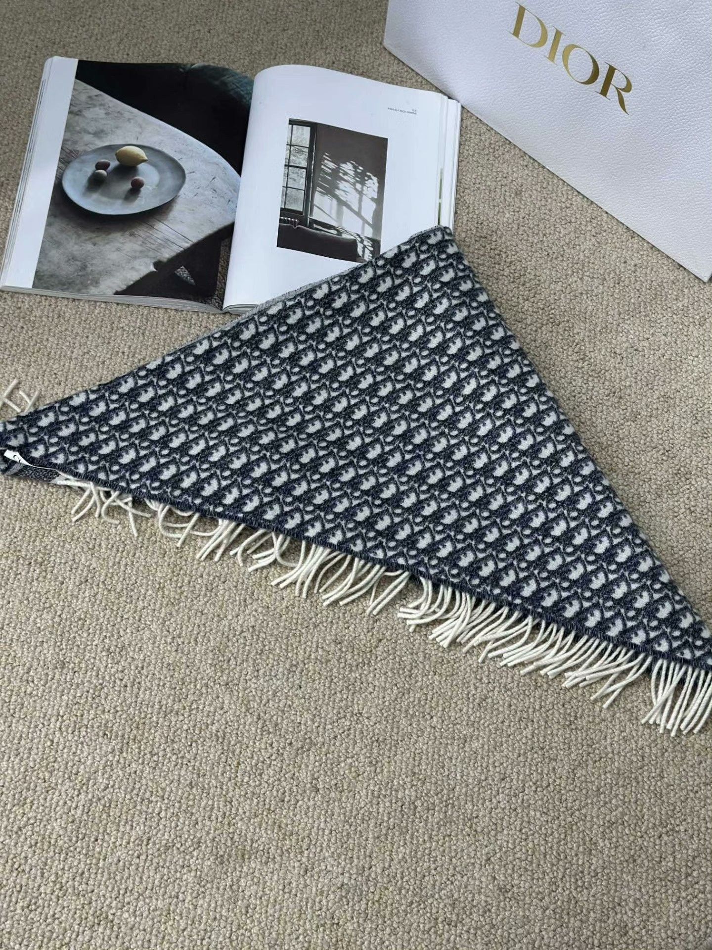 Dior DIOR Blue Triangle Fringe Cashmere Shawl Size ONE SIZE - 1 Thumbnail