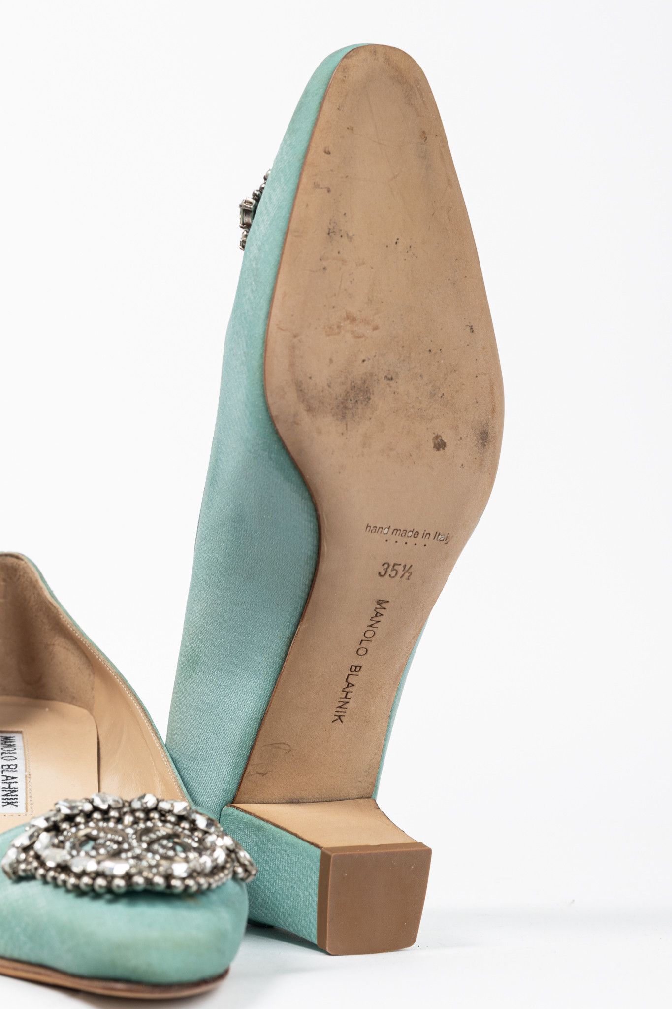 Manolo Blahnik Manolo Blahnik Okkato Teal Crêpe De Chine Jewel Buckle Pumps Size US 5 / IT 35 - 6 Thumbnail