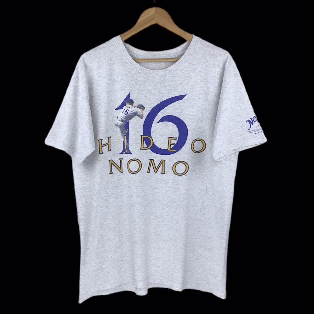 Vintage 90's L.A. DODGERS Nomo #16 MLB Front & Back Spell Out Graphic Grey  Color T-Shirt Adult Extra Large Size - BIDSTITCH