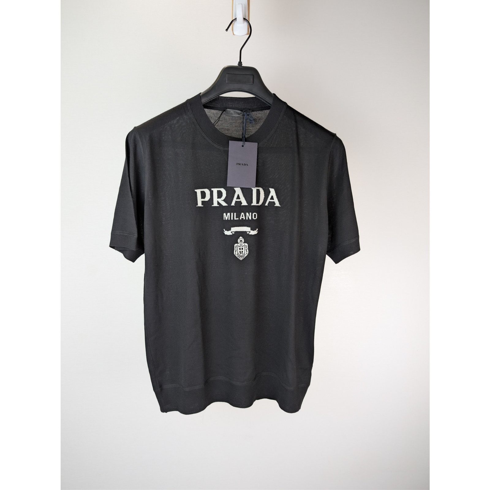 Prada o1rshd1 Logo Intarsia Short Sleeve Crewneck Sweater in Black Size US M / EU 48-50 / 2 - 2 Thumbnail