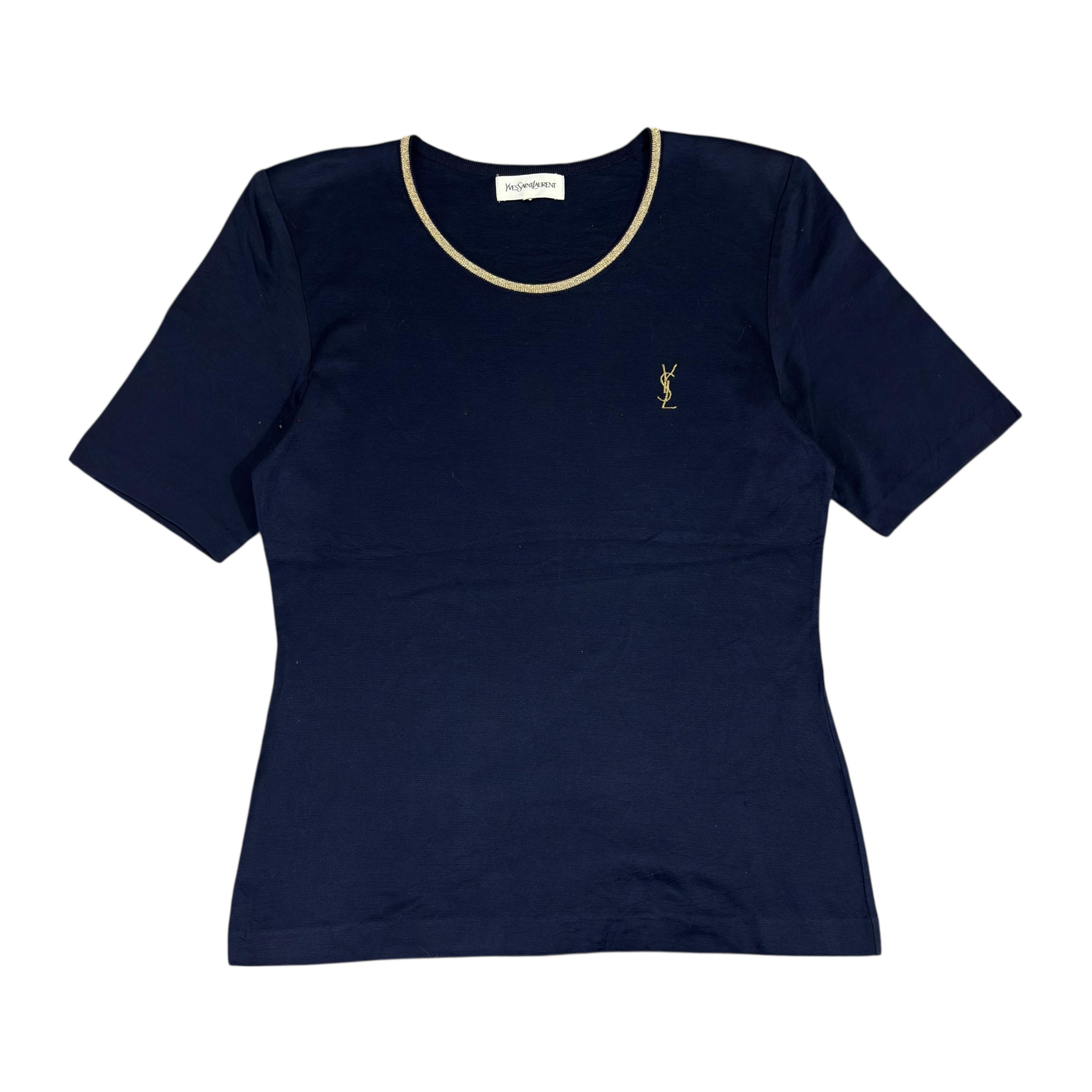 Yves Saint Laurent Y2K Vintage Ysl Navy Gold Tshirt Metallic Logo Designer Tee Size L / US 10 / IT 46 - 1 Thumbnail