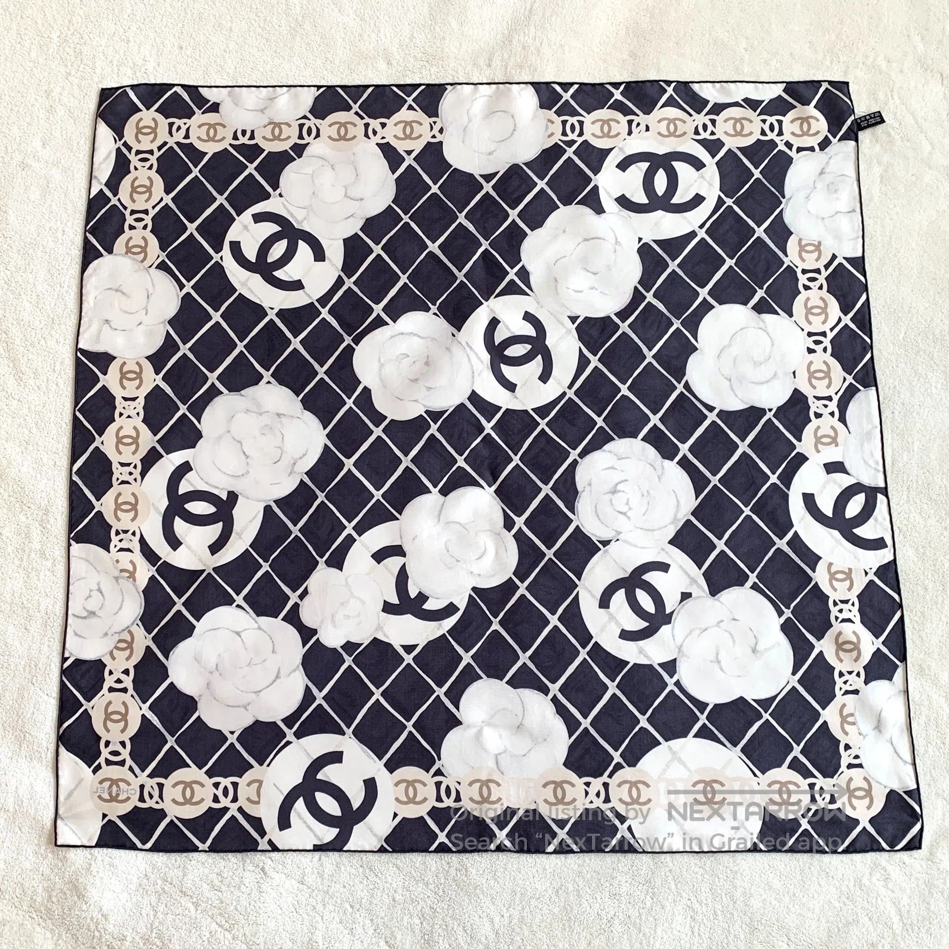 Chanel Chanel Black Diamond Pattern Camellia Printed Silk Scarf| Size ONE SIZE - 2 Thumbnail