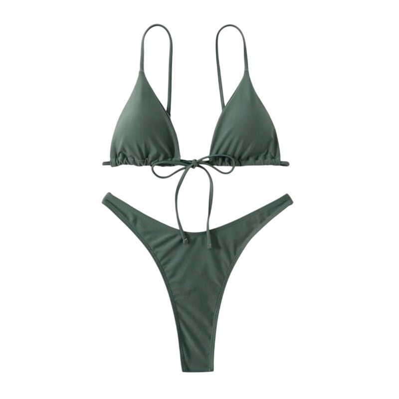 Shein Tie Front Triangle Bikini Set in Green, Size S Size ONE SIZE - 1 Thumbnail