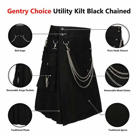 Handmade × Other Cargo Utility Fashion Kilt Black with Silver Chains Size US 32 / EU 48 - 7 Thumbnail
