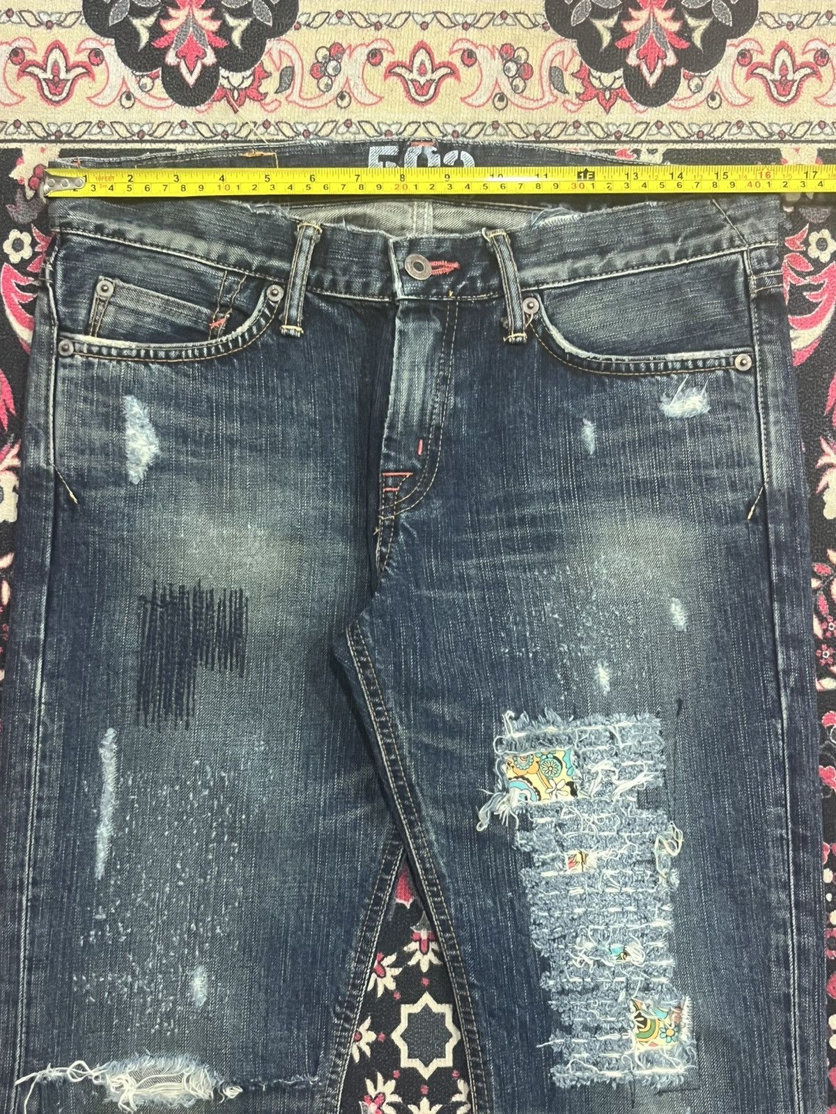 Tornado Mart Vintage Japan Edwin Miss 503 Dark Blue Distressed Flare Jean Size 31" - 14 Thumbnail