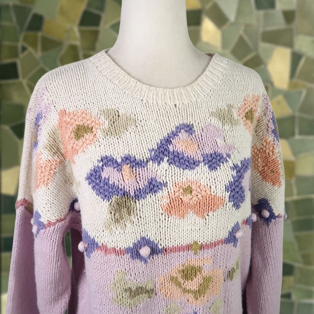 Vintage VINTAGE 90s Harbor View floral sweater M Crew Neck Pullover Knit Cotton Ramie Women Purple Lavender Cream Long Sleeve 90s Size M / US 6-8 / IT 42-44 - 1 Thumbnail