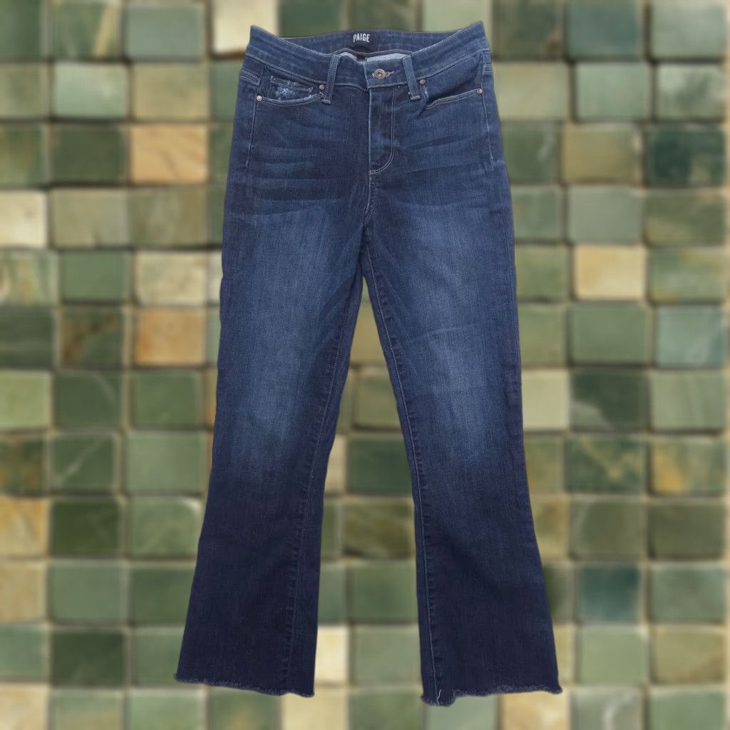 Paige Paige Colette Crop Flare Jeans Size 26 Dark Wash Stretch Denim Blue Raw Hem Mid Size 26" / US 2 / IT 38 - 1 Thumbnail