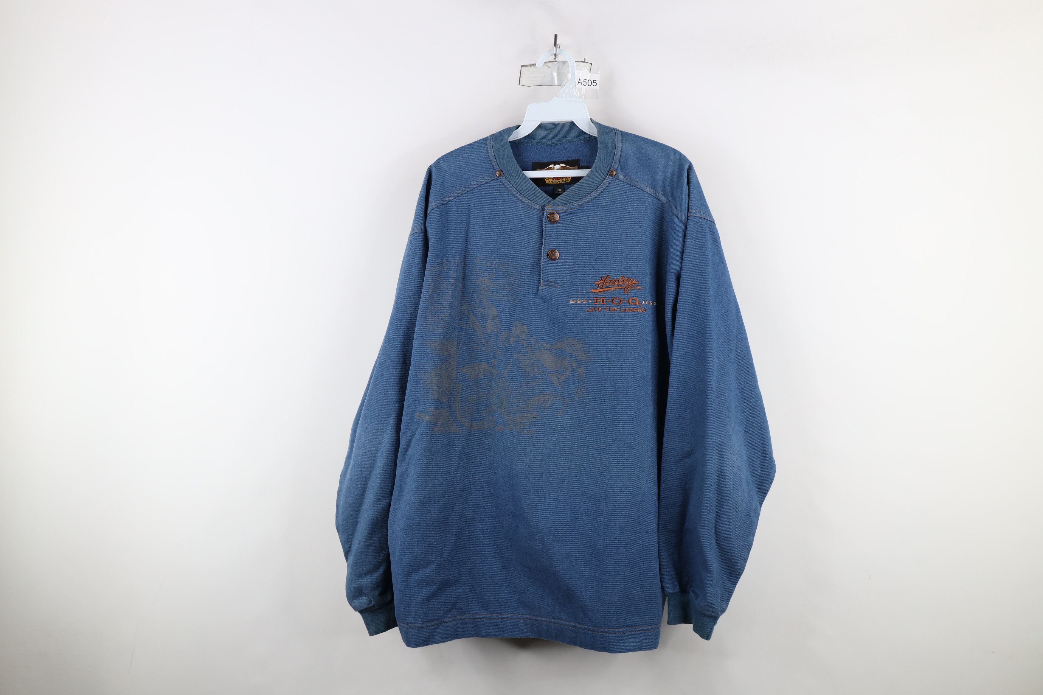 Harley Davidson × Vintage Vintage 90s Harley Davidson Denim Henley Sweatshirt USA Size US L / EU 52-54 / 3 - 1 Thumbnail