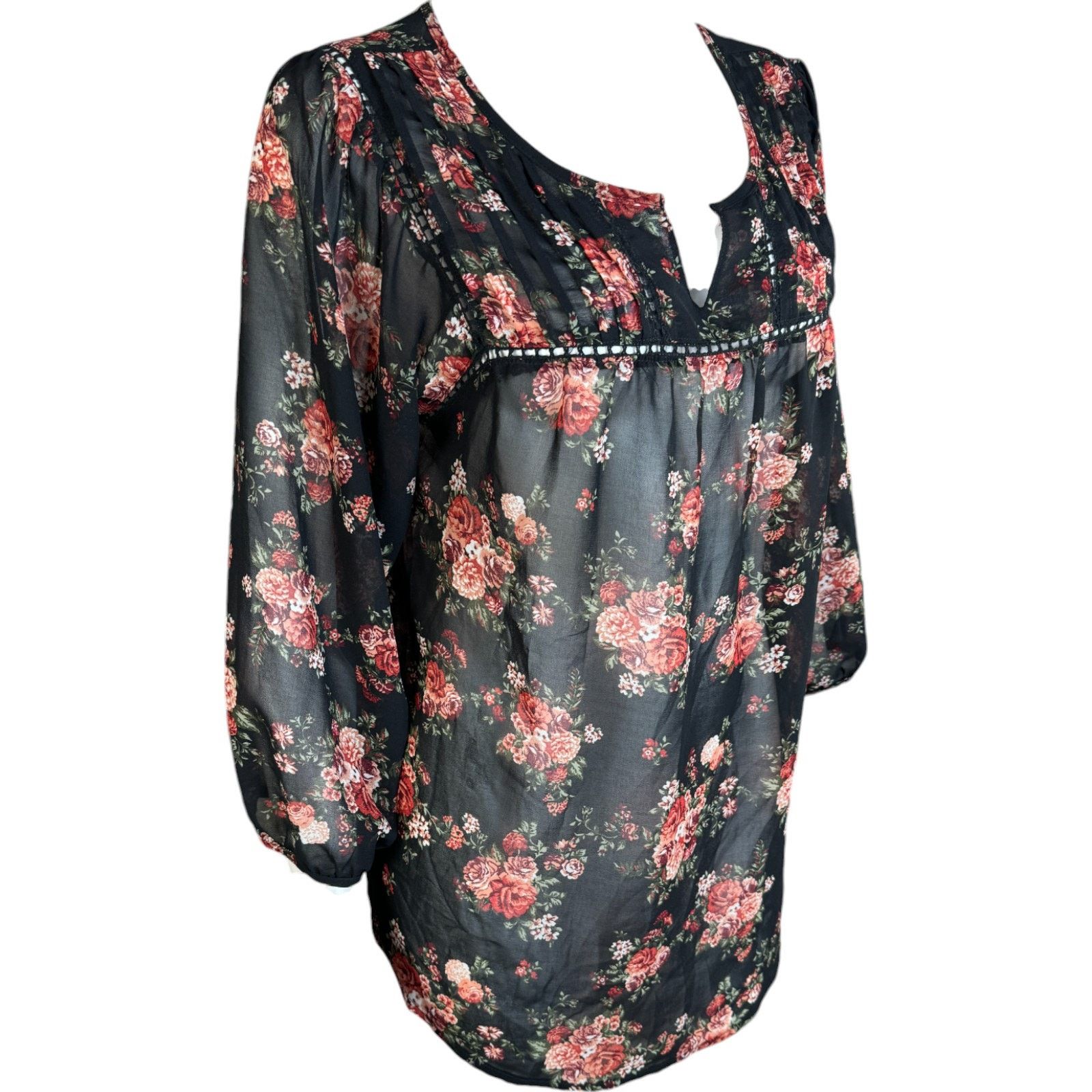 Other Mine Women Large Black Floral Sheer 3/4 Length Sleeve Blouse Size L / US 10 / IT 46 - 5 Thumbnail