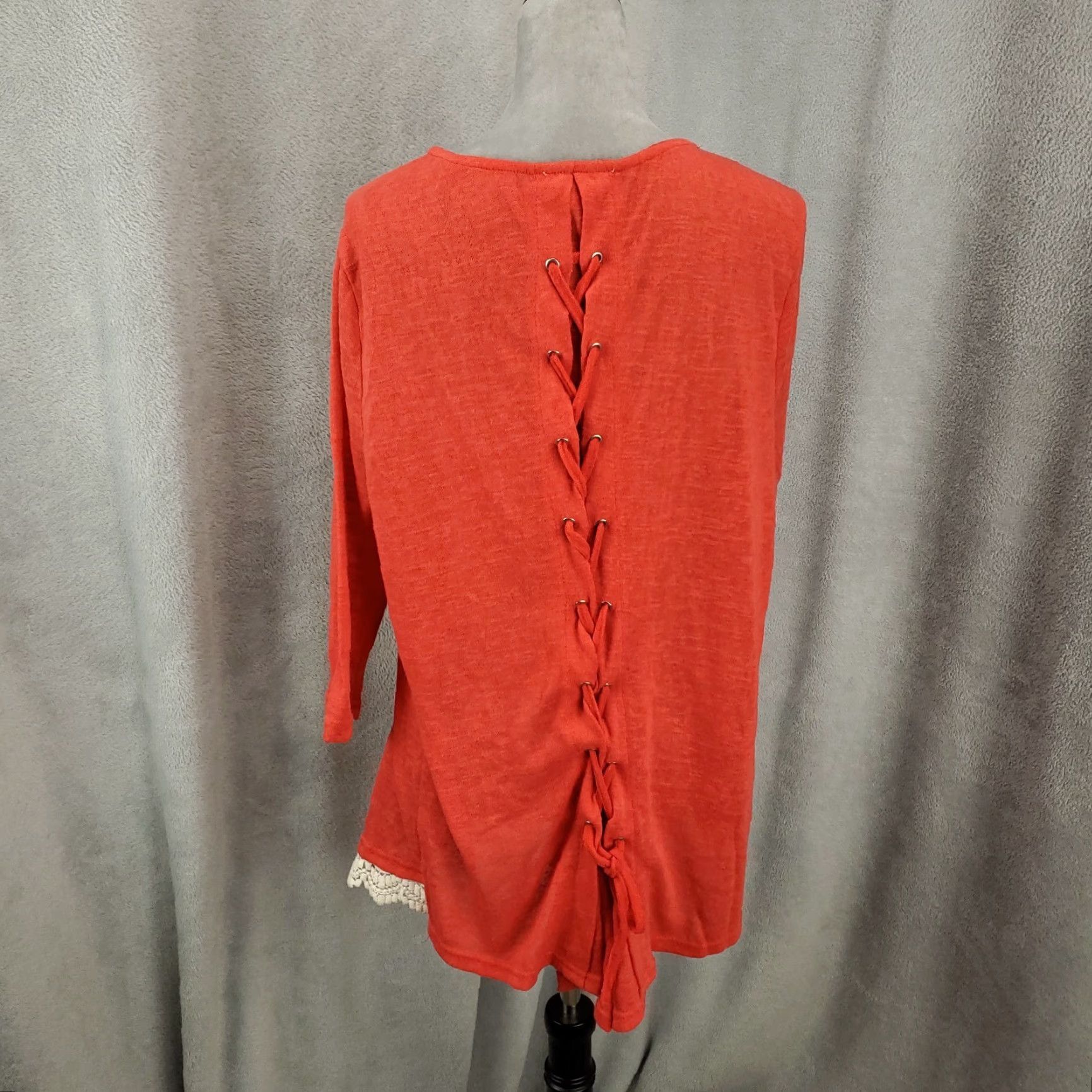 Vintage Womens Lace Up Back Top 1XL Crochet Lace Hem Accent Coral Orange Size XL / US 12-14 / IT 48-50 - 3 Thumbnail