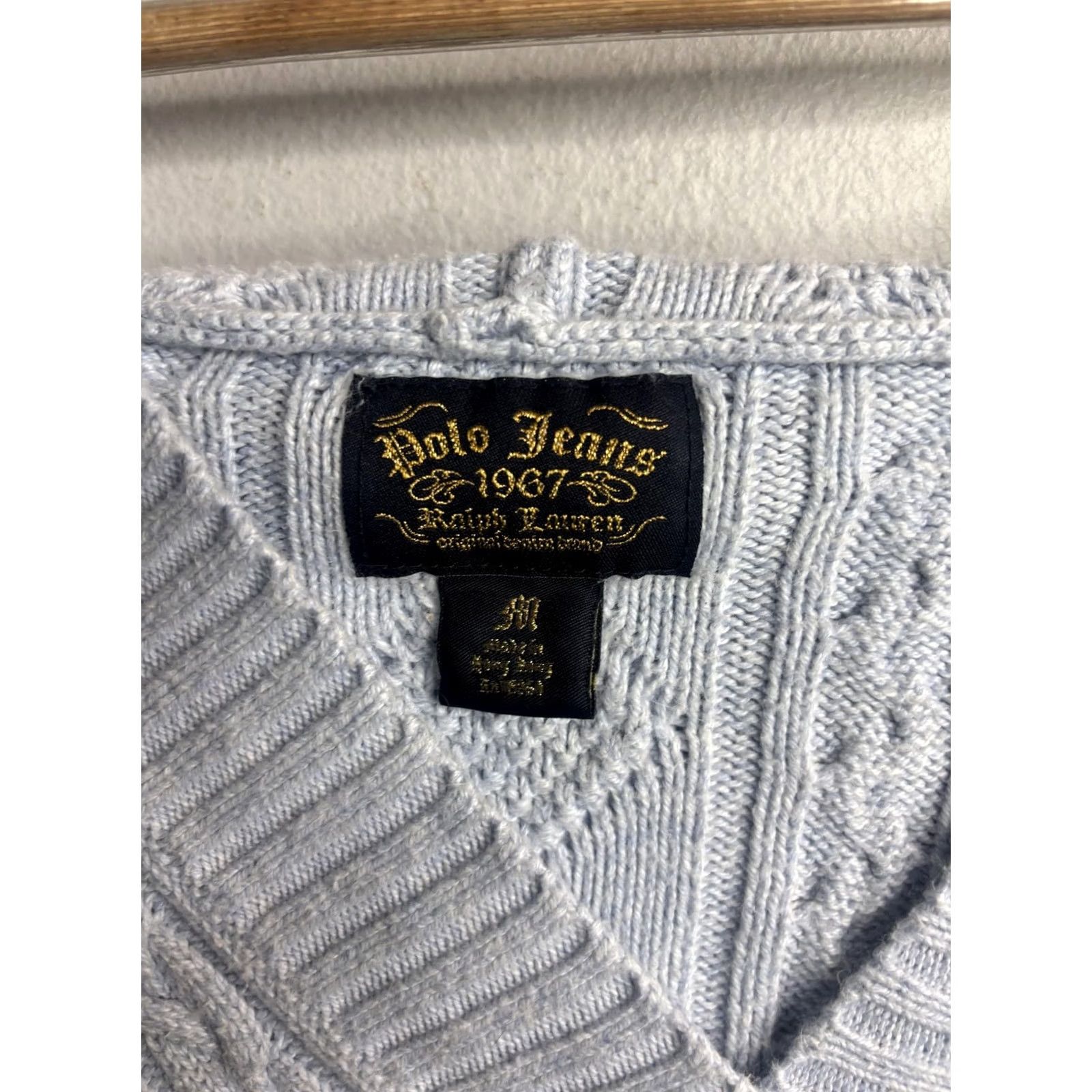 Vintage Polo Jeans Co. Ralph Lauren Sweater Womens Medium Blue Cable Knit Hooded V Neck pullover casual Size M / US 6-8 / IT 42-44 - 3 Thumbnail