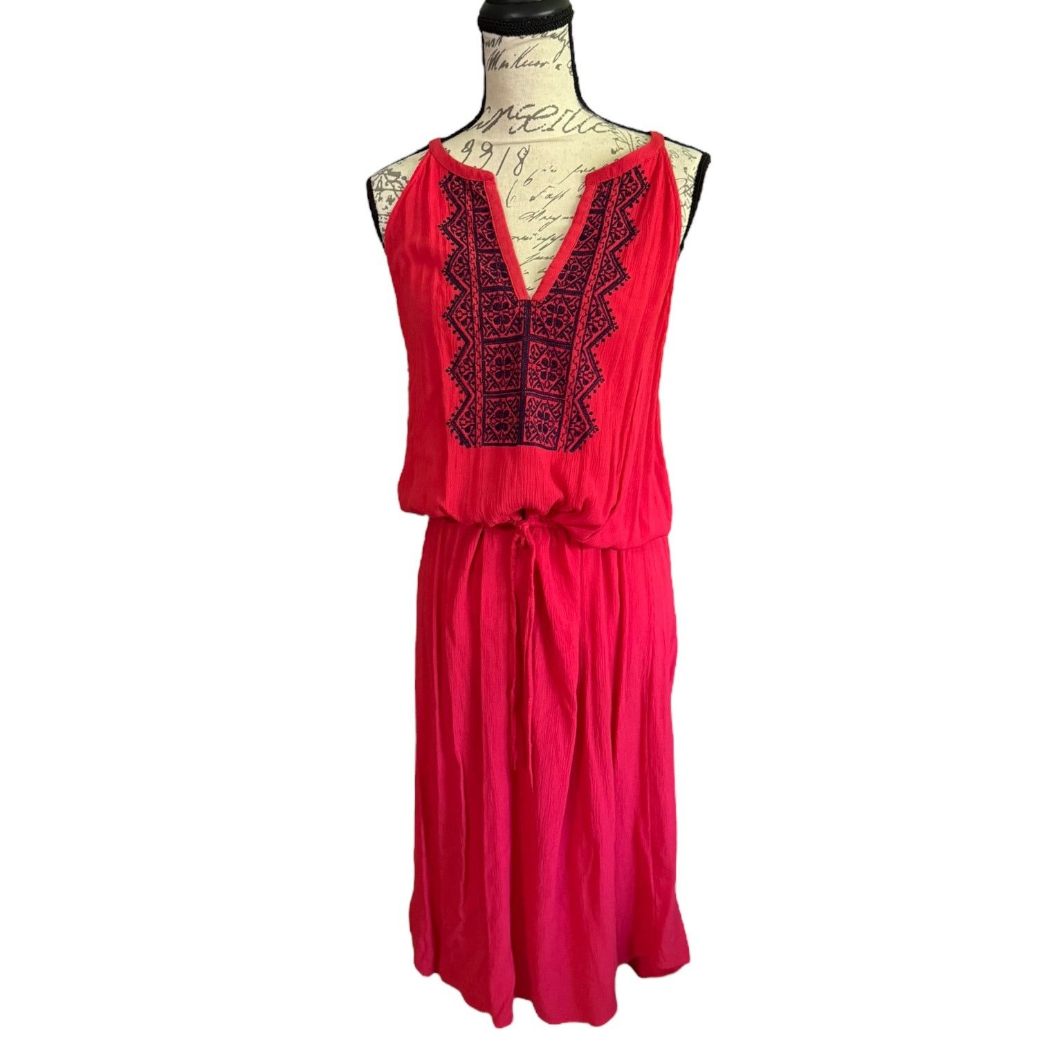 Gap Gap Red V Neck Split Embroidered Red Blue Sundress Large Size L / US 10 / IT 46 - 1 Thumbnail