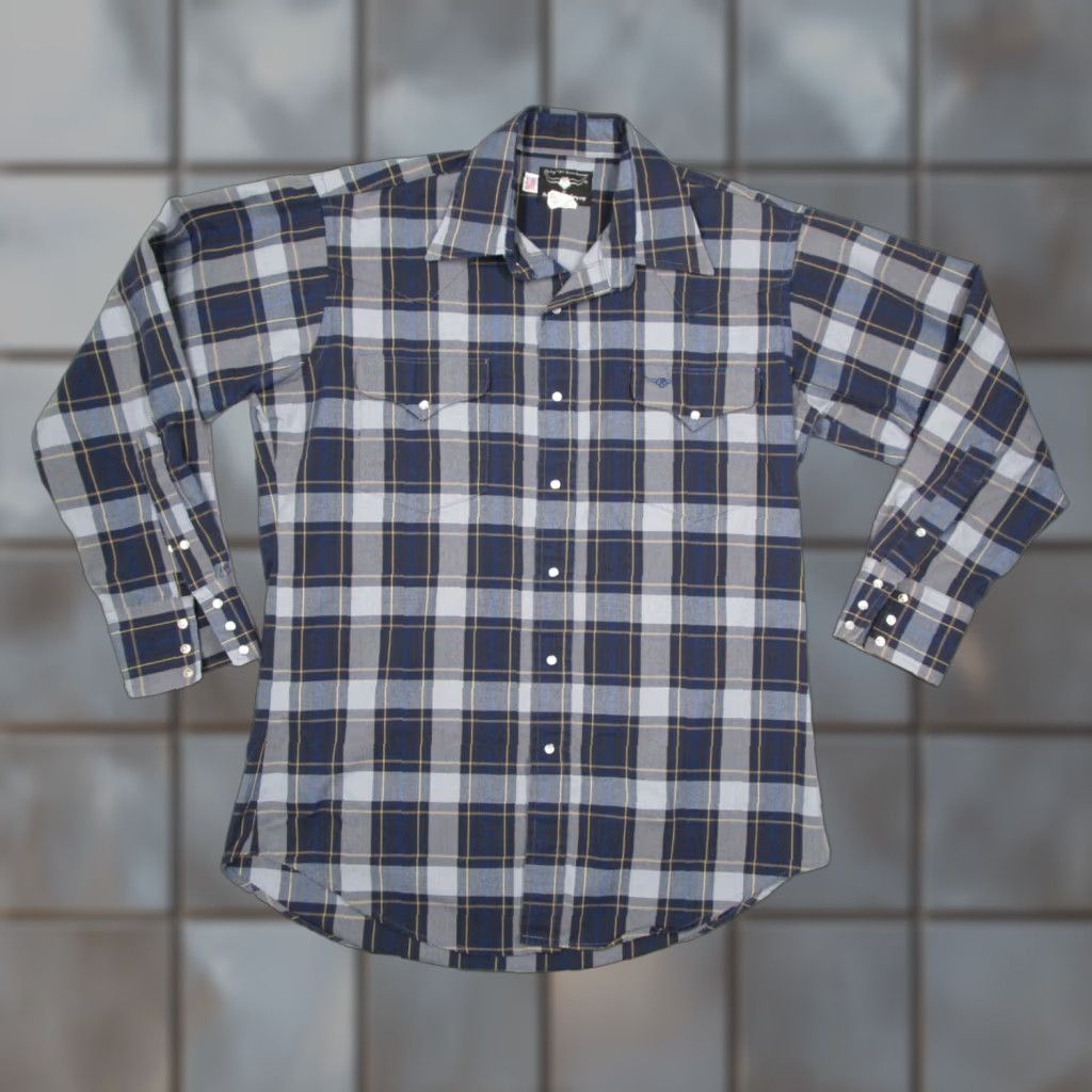 Vintage Flying R Ranchwear Shirt Mens 16 33 Blue Twill Button Up Workwear Rodeo Check Pearl snaps Made in USA